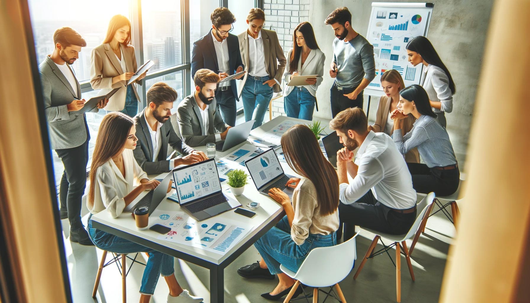 dynamic team of digital marketing professionals collaborating in a modern office
