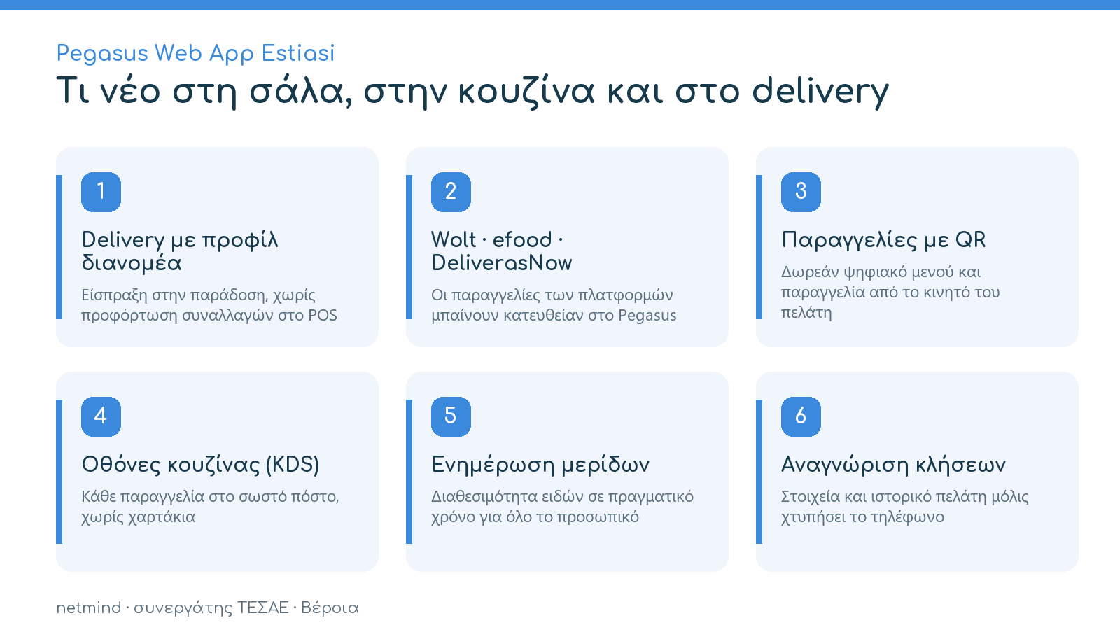 Pegasus Web App Estiasi: έξι νέες δυνατότητες στη σάλα, στην κουζίνα και στο delivery