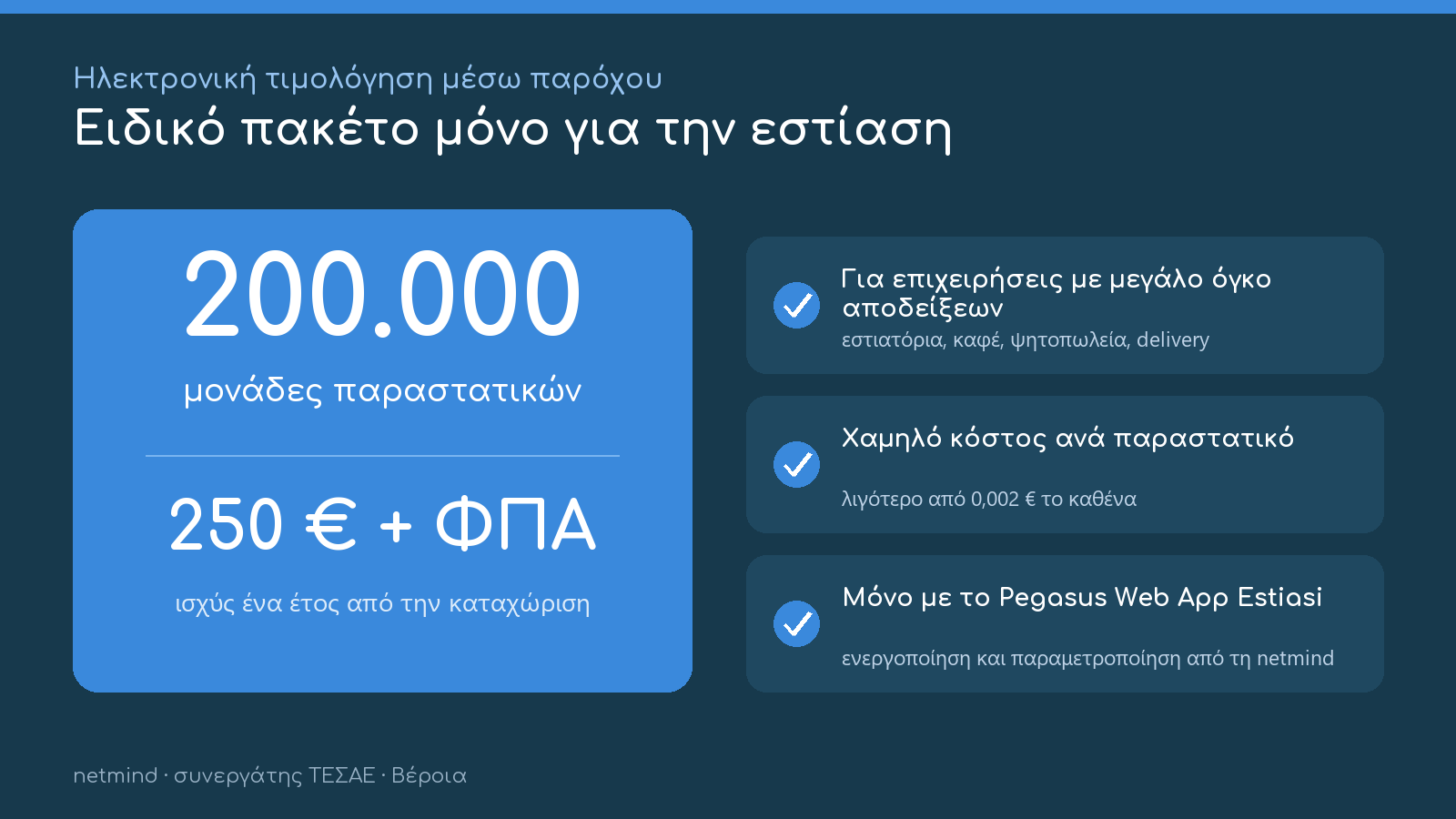 Πακέτο ηλεκτρονικής τιμολόγησης για την εστίαση: 200.000 παραστατικά με 250 € πλέον ΦΠΑ